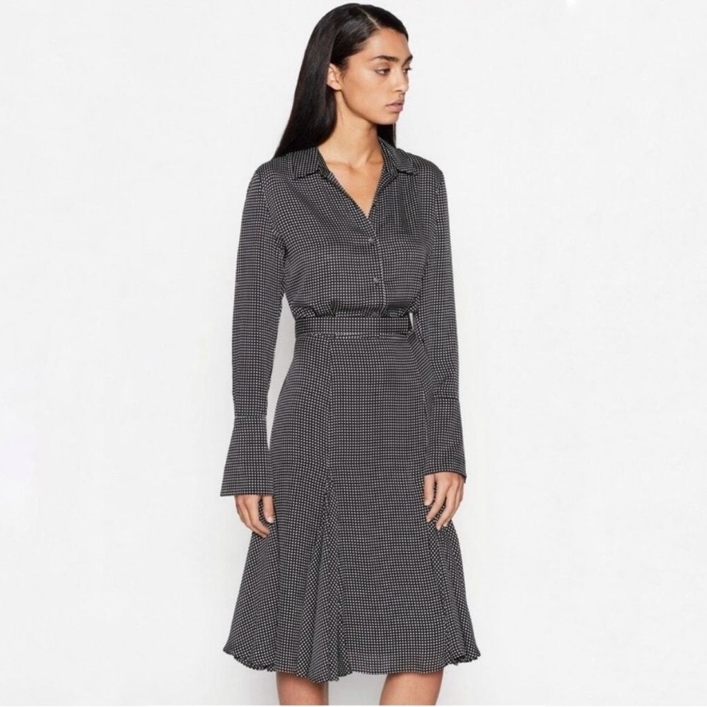 Equipment Bancort Grid Printed Midi Dress Size 12 Black Satin Long Sleeves Check